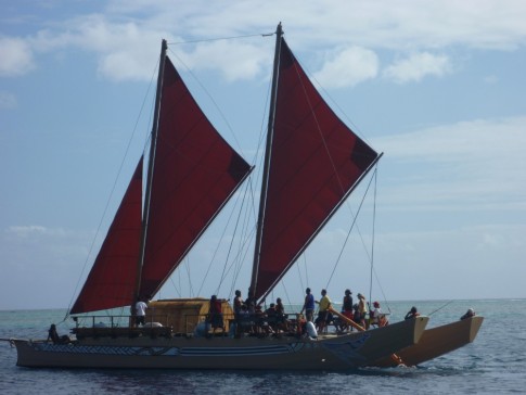 A traditional Polynesian sailing catamaran, that sailed into the port one day. It had sailed from Tahiti. It