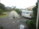 Tent repair in their driveway.
