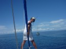On our way out of the reef at Makogai on our way to Levuka, I stayed on the bow to watch for uncharted reefs. Our chart plotter, a Furuno, has been spot on so far, but Fiji has so many reefs that we thought we