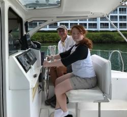 Kayla at the helm as we motor from Don Pedro anchorage to the Palm Harbor Marina