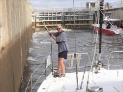 Ortona Lock, raises boat 8 feet, Kim hanging on for dear life!  :)
