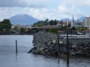 Downtown Sitka from across harbor.  St. Michaels Russian Orthodox Church and Mt. Edgecomb, a dormant volcano.