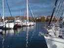 View of boats docked at the Blue Water Yachting Center in Hampton, VA. The colors of fall are decending on the marina.