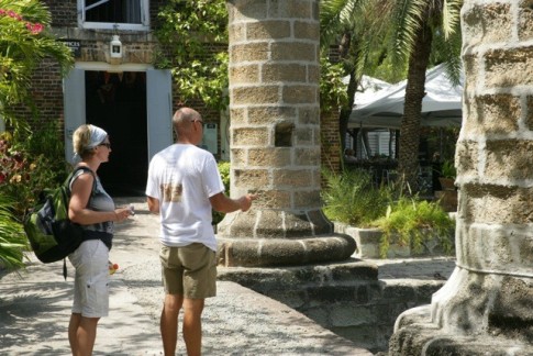 Norm and Michaela gaze at the slipway and the magnificent boathouse and sail loft pillars that line the slipway.