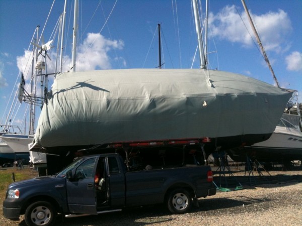 Myananda with her winter cover sits on the hard at Lockwood Boatworks in New Jersey.