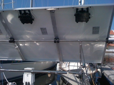 FKG Rigging provided the slick custom mounts for our rear solar panels. We used two on each 85 watt panel. They cost $56 a pair and were a simple mounting solution for the installation we envisioned. They are friction clamps that allow the panels to be tilted. They can also be tightened permanently into position. We may add a stabilizing strut on each side to really secure the panels while we are underway.