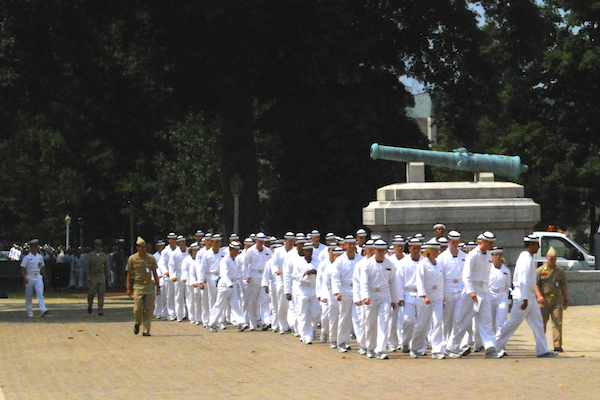 Plebes: A group of young cadets go through drills in one of the courtyards at the Naval Academy.
