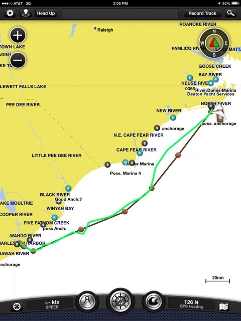 This screenshot from our iPad navigation software shows (in brown) our planned route as well as (green) our actual route. Course deviations generally reflect changing wind conditions.