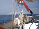 A beautiful rainbow taken while on passage between the islands. George, our self steering, is working well.