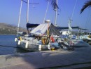 Grand Slam moored stern-to at Argostoli, Kephalonia.  Note all the fenders, the sunshade and the passerelle (gangplank).