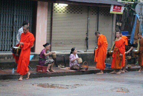 Speisung der Moenche, jeden morgen um 5.30 Uhr auf den Strassen. Hier in Luang Prabang. Juni 2014