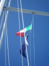 Q flag is down and Mexican flag goes up (along with Seven Seas Cruising Association burgee)