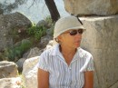 Sue sitting on ancient communal toilet seats - Ephasus, Turkey