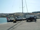 Tanking with fuel after arrival on Keffalonia, Greek Island.