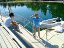 Kathy and Beth talking the morning we departed.  We pulled up to their dock to fill the water tank.