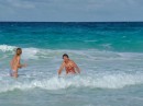 Claire and Marianne playing in the surf on the Exuma Sound side (as opposed to the harbor side) of Stocking Island