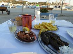 Delicious grilled octopus and dolmades