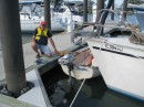 Motoring around in Dimples - Wiley finds the bottom (sandbar) in Dimples.  He is a magnet for grounding boats. 