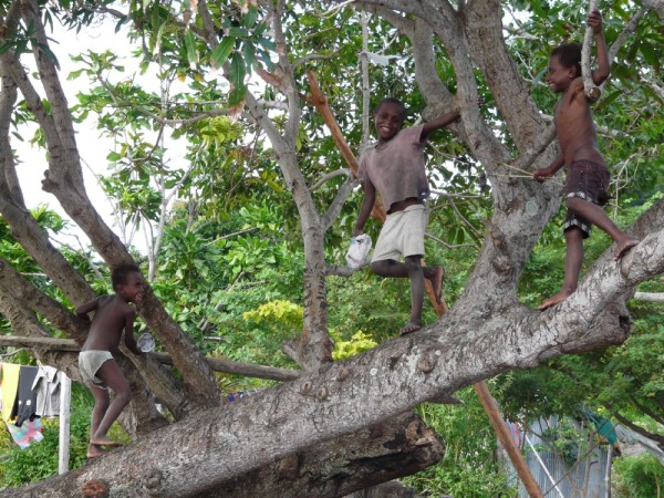 boys in the trees greet us to their village