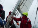 hold tight, owner Ralph holds on as he directs the crew