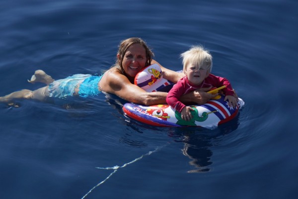Gramma and Fynn swimming with Toot Toot