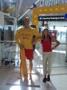 Deb with surf rescue dude at the airport