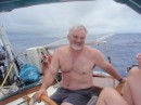 Rich at the helm on the way to Huahine from Raiatea