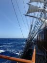 Off the wind, even a 365 foot ship rolls with the Caribbean swells