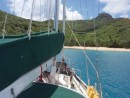 Our anchorage at Hana Moe Moe, on Tahuata, marwusas