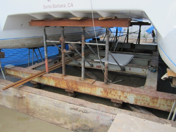 The boat resting on the bridgedeck supports. 