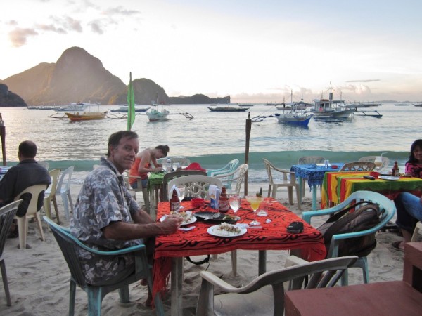 Dinner on the beach at El Nido. This is a small tourist town with a "backpacker" feel. Lots of Filipino tourists as well since this is holy week and a major holiday in the Philippines.