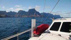 Sailing around the south side of RCI: A storm front was forcast to pass over the island, putting our anchorage in front of town on a lee shore, so we moved to a more sheltered spot on the other side of the island for a few days to let the weather pass.