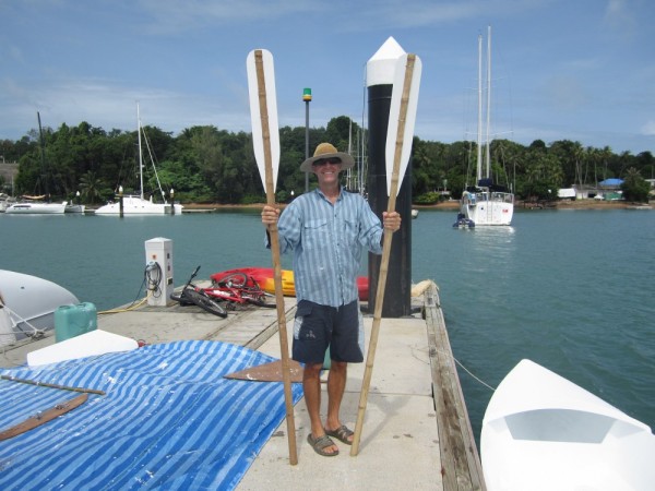 Custom oars made of plywood wired to bamboo.