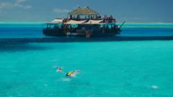 Sabine and Alan swimming to "Cloud 9" , a floating bar anchored on the reef.