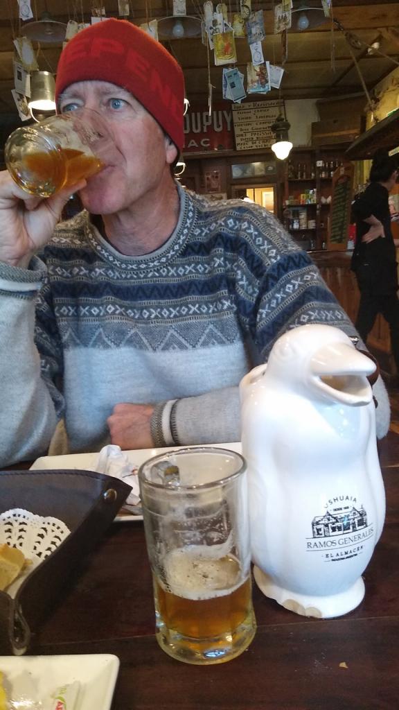 Sampling the local brew. Beagle brewery has a respectable IPA, made all the better as it is served from a penguin carafe. As you drink you feel like you are being baby-birded.