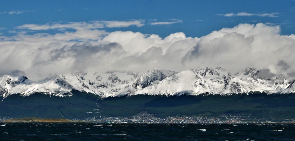 A sporty sail down the Beagle Channel with the mountains of Tierra del Fuego over the city of Ushuaia. 