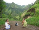 Cammi and Katy gazing at waterfall on Fatu Hiva, Marquesas