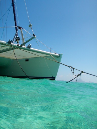 Zen in shallows w/Bora Bora in background