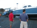 Ian Gray, our project manager from Friendship Yachts, and Tom watching the trucking procedure for Zen