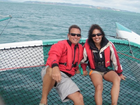 Tom and Monique aboard G3 trimaran in Waiheke Island Regatta