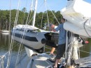 Hoisting our dinghy - the Dixie
