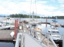 Taku Resort docks with Rebecca Spit in the background.  Quadra Island, BC