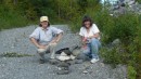 Diane and Margaret with the Inukshuks that marked the blackberry spot.