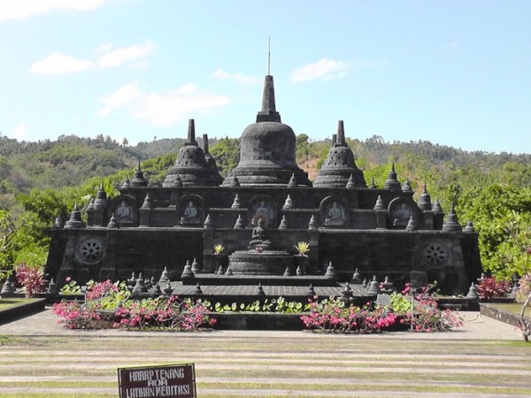 Buddhist  temple - a stage and large seating area on the terraced lawn 