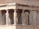 Acropolis -The Erechtheion -closer view of the statues holding up the roof.  Pic shows five statues, the sixth is in the British Museum. After these five were replaced with replicas, the pedestal of the sixth remains empty in silent protest of the theft. 