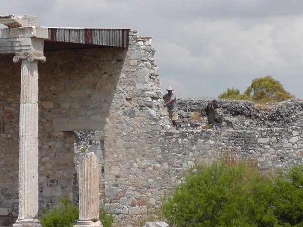 Miletus - Dennis climbing (always climbing) on the City Council Chamber walls.