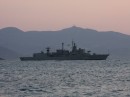 Greek war ship anchored off the town