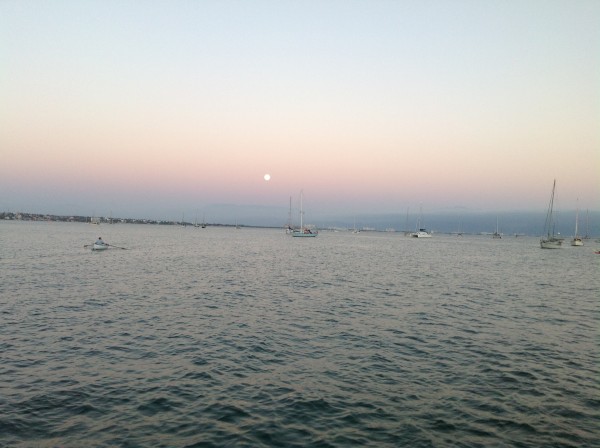 Returning to the anchorage at sunset with the moon rising.  Yes, that really is the moon.