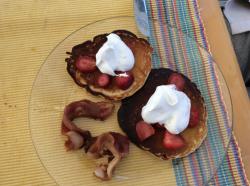 Grill still a little too hot but pancakes, bacon, strawberries and whipped Creme tasted yummy.