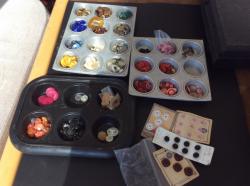 Sorting button collection.: It’s taken me 9 years of living on the boat to finally sort by color.  Only once have I done  a project with the buttons.